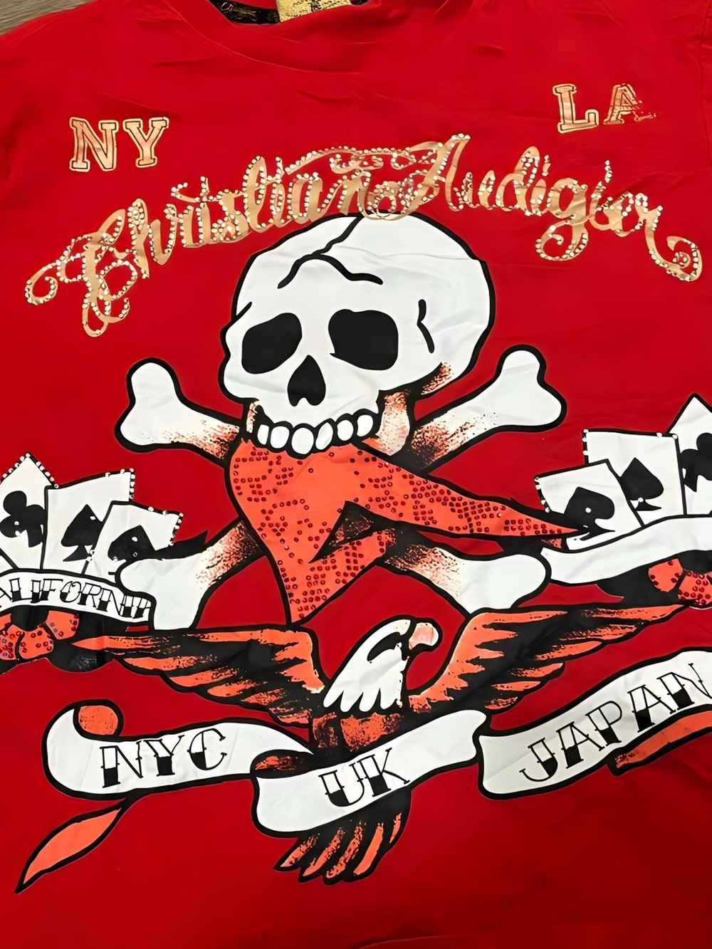 Christian Audigier Red Skull & Eagle Graphic Tee
